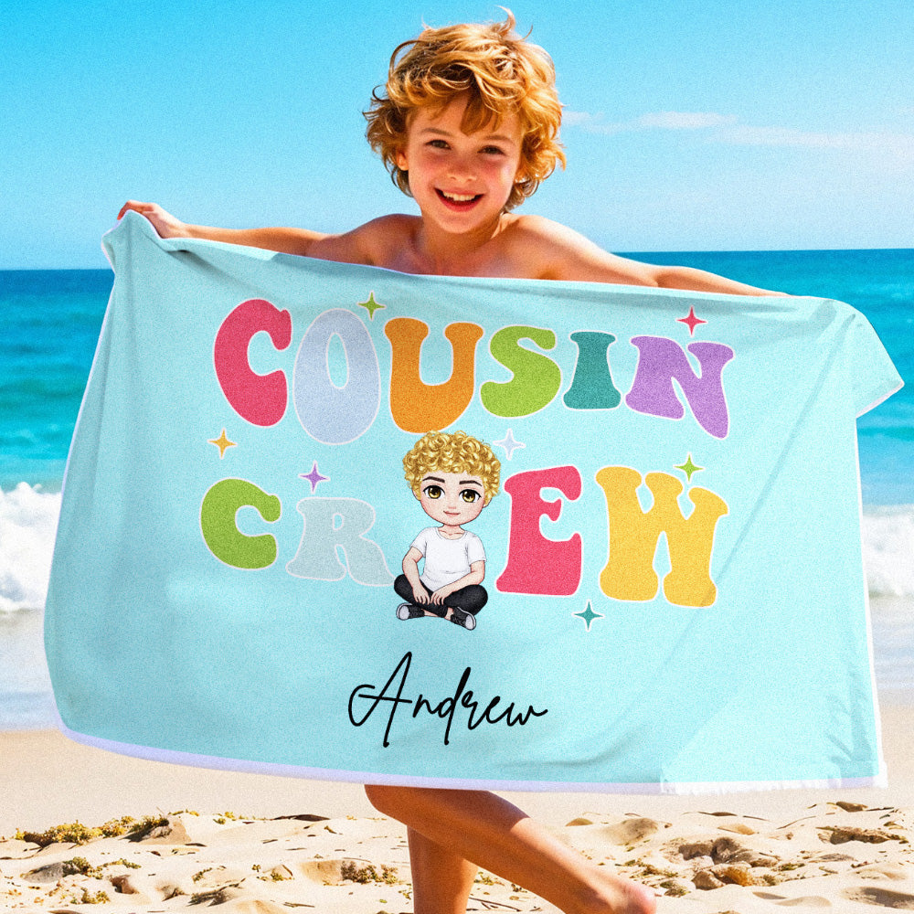 Personalized Cousin Crew Cartoon Beach Towel with Name Beach Vacation Accessories Gift - Giftlab
