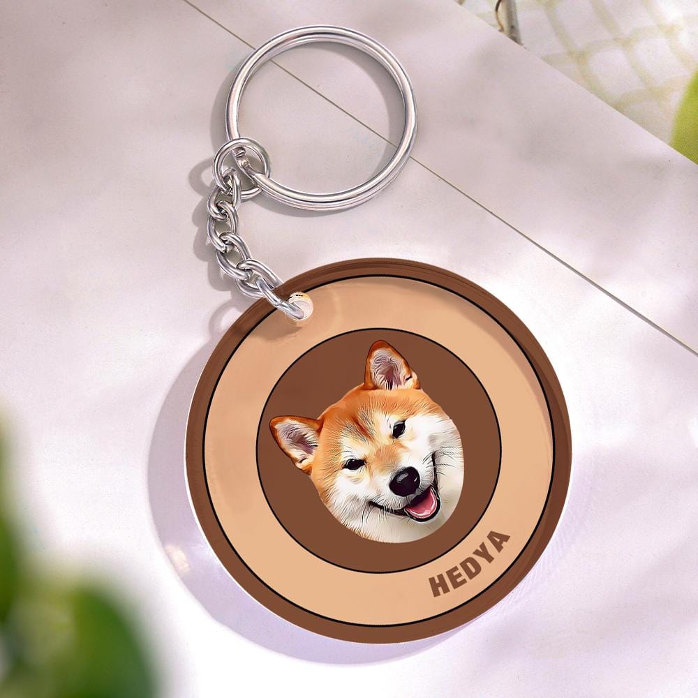 Custom Round Keychain Personalized Pet Photo with Name Keychains Gift for Pet Lover - Brown - Giftlab