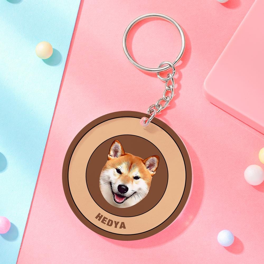 Custom Round Keychain Personalized Pet Photo with Name Keychains Gift for Pet Lover - Brown - Giftlab