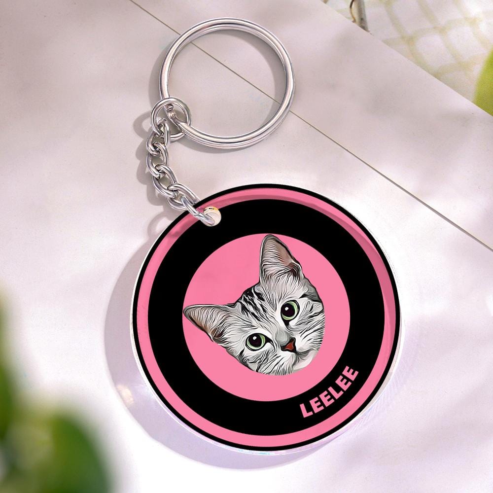 Custom Round Keychain Personalized Pet Photo with Name Keychains Gift for Pet Lover - Black & Pink - Giftlab