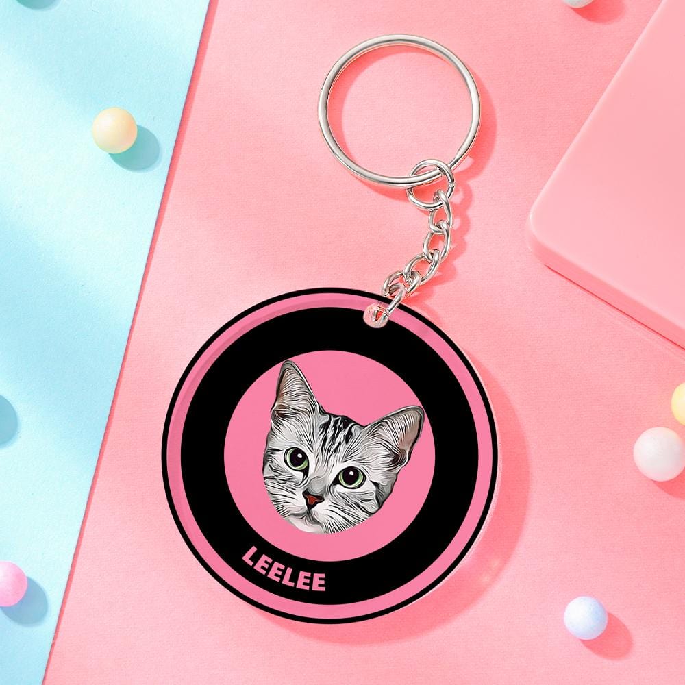 Custom Round Keychain Personalized Pet Photo with Name Keychains Gift for Pet Lover - Black & Pink - Giftlab