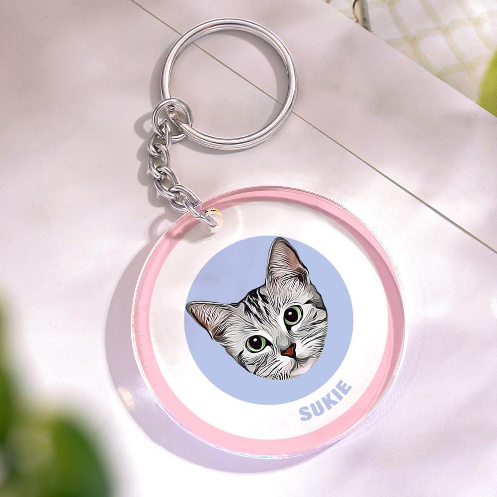 Custom Round Keychain Personalized Pet Photo with Name Keychains Gift for Pet Lover - Pink & Blue - Giftlab