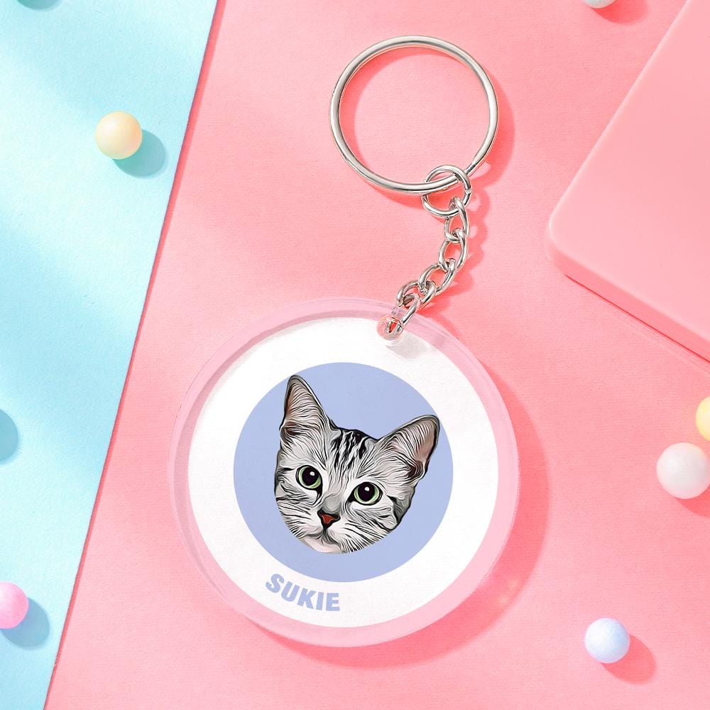 Custom Round Keychain Personalized Pet Photo with Name Keychains Gift for Pet Lover - Pink & Blue - Giftlab