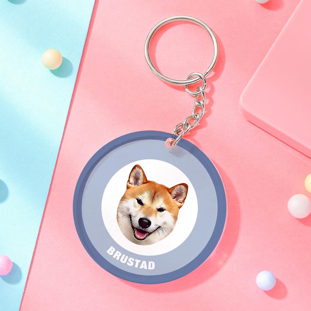 Custom Round Keychain Personalized Pet Photo with Name Keychains Gift for Pet Lover - Blue - Giftlab