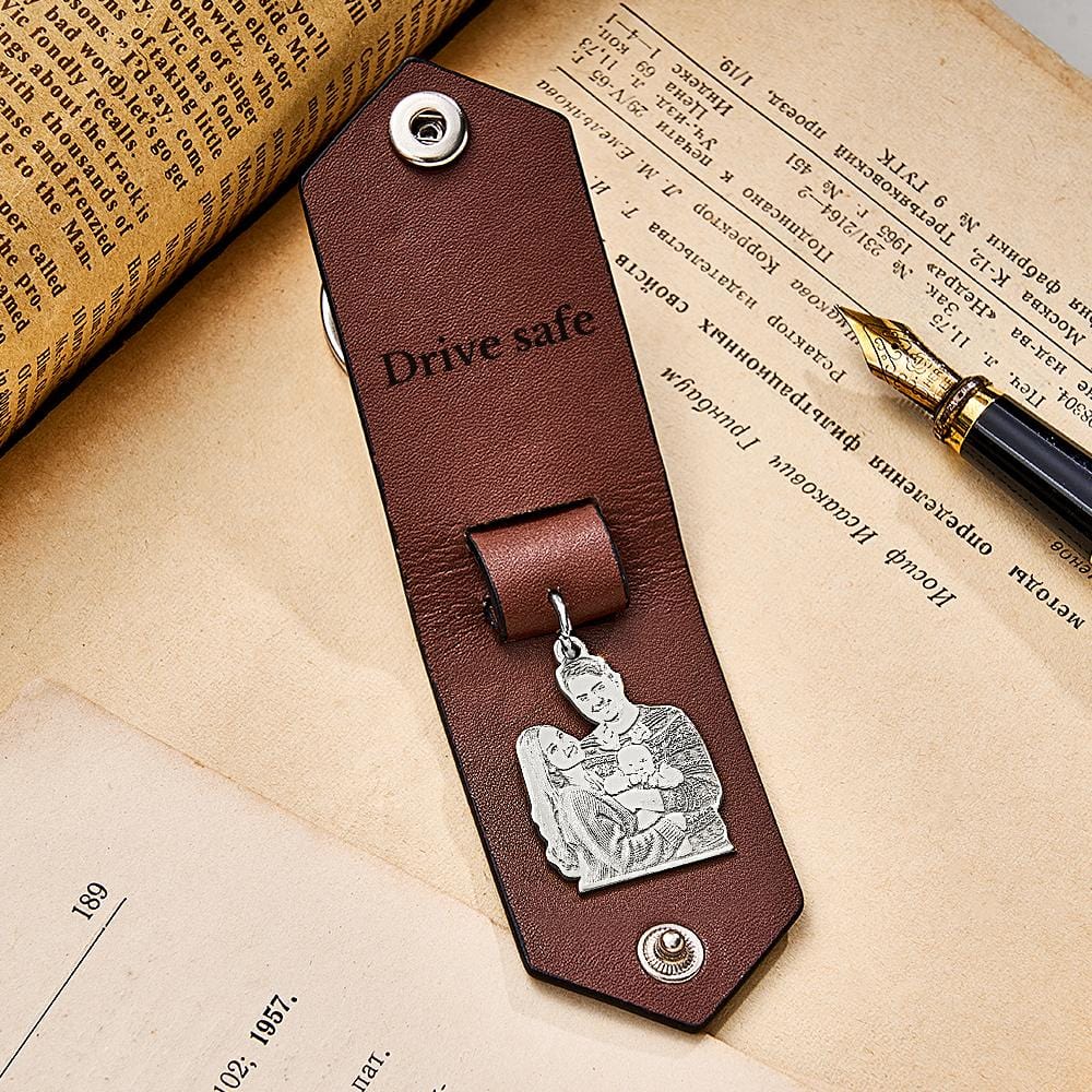 Custom Photo Leather Keychain With Text Annivesary Gifts For Men - Giftlab