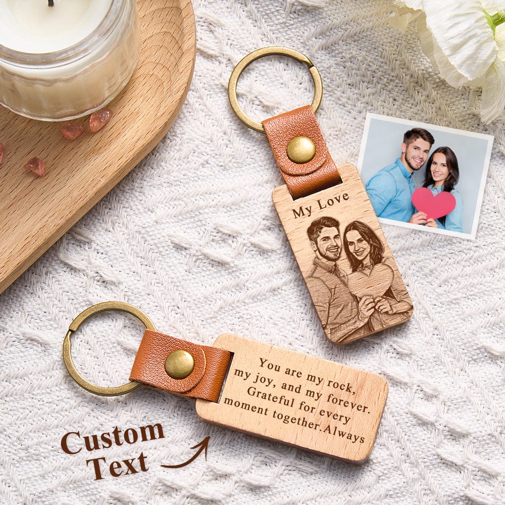 Personalized Wooden Keychain Custom Engraved Photo Keychain Anniversary Gifts for Lover