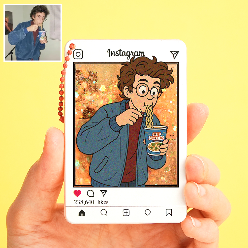 Custom Cartoon Photo Glitter Acrylic Fridge Keychain Instagram Style Personalized Gift