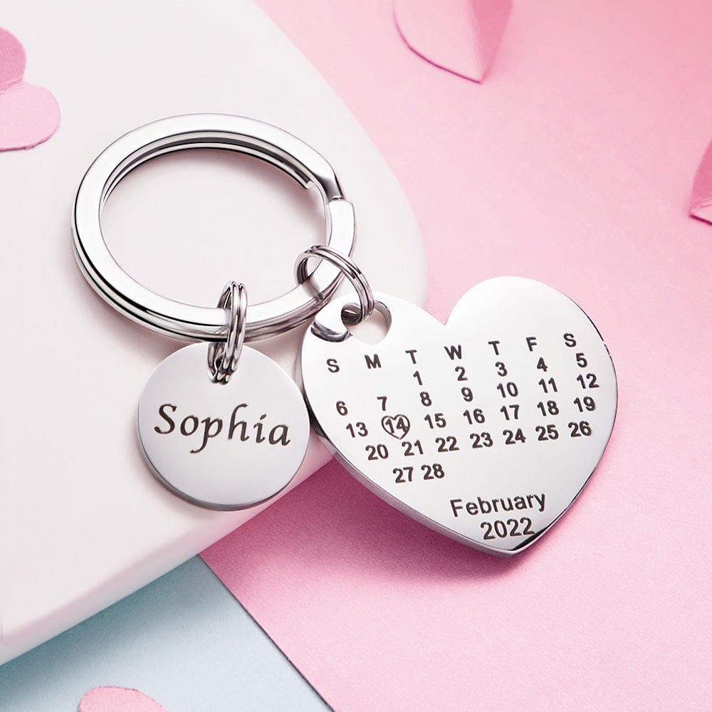 Custom Engraved Heart Calendar Keychain Save The Date Keychain Valentine's Day Gift - Giftlab