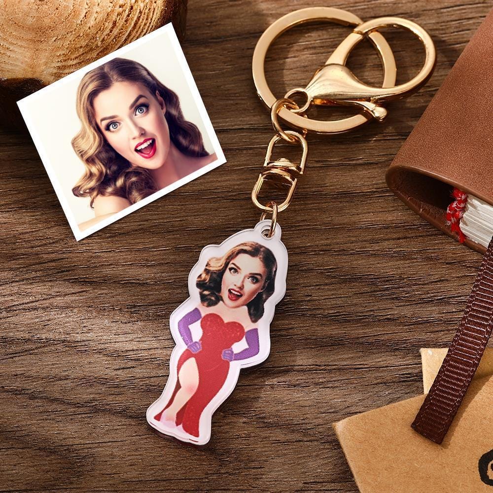 Custom Face Keyrings Personalized Photo Keychain - Red Gown - Giftlab