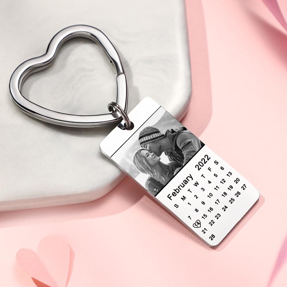 Custom Photo Calendar Keychain with Heart Love Date Stainless Steel Souvenir - Giftlab