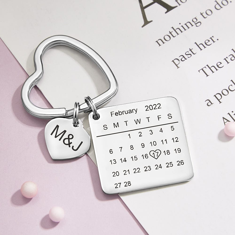 Custom Engraved Calendar Keychain Heart Key Ring Save the Date Keychain Anniversary Gift - Giftlab