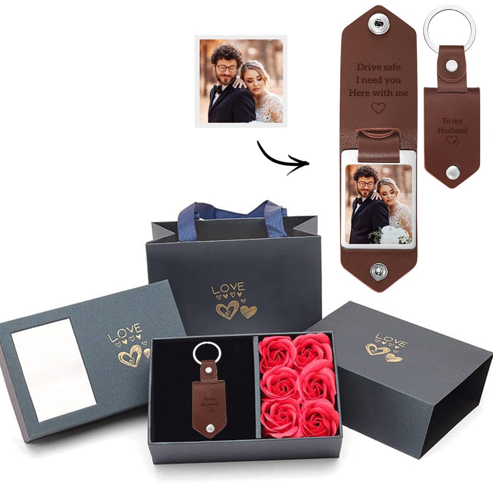 Custom Leather Keychain Personalized Engrave Keychain Anniversary Gift For Couple Birthday Gift with Flower Box - Giftlab