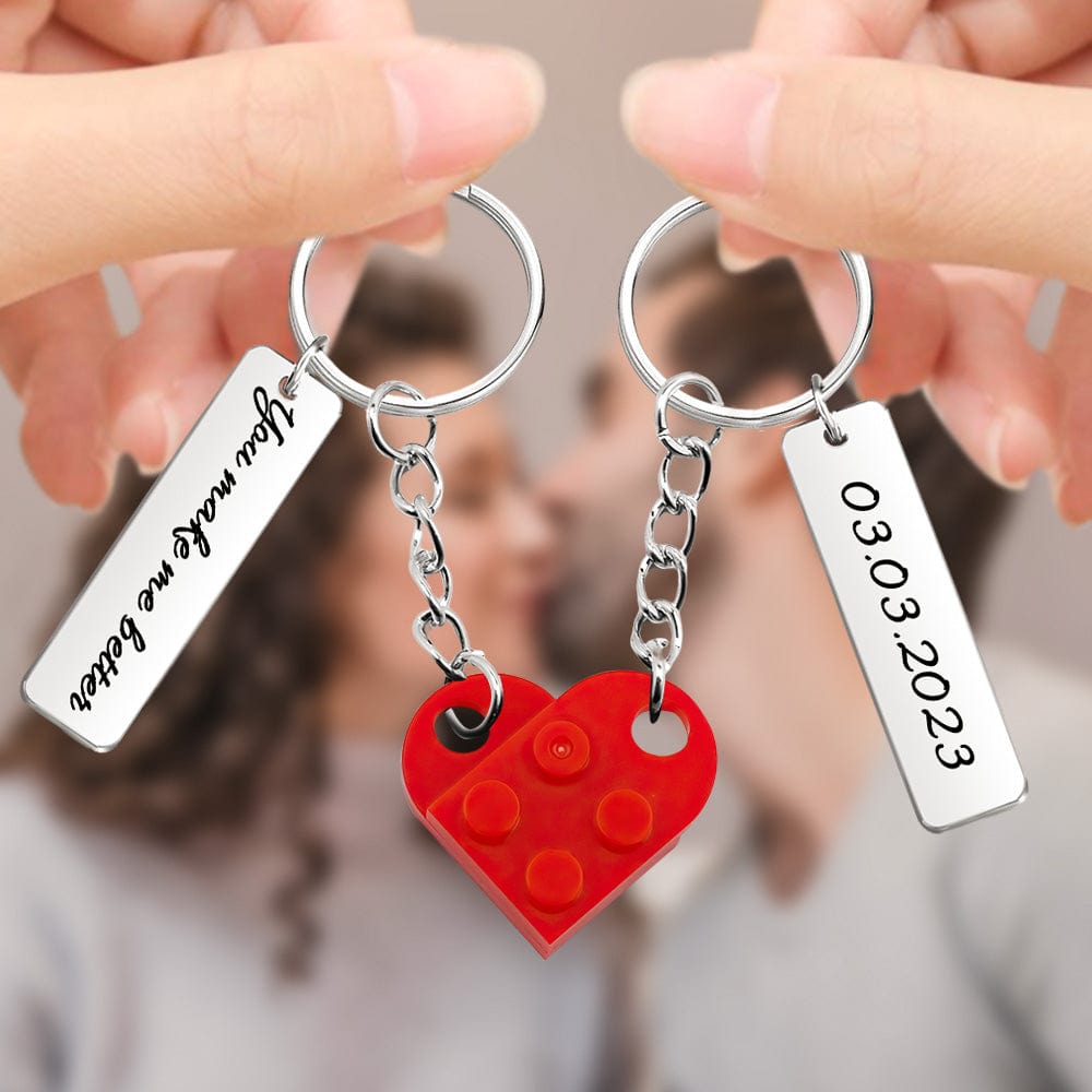 Personalized Text Matching Couples Love Heart Bricks Keychain for Couples - Giftlab