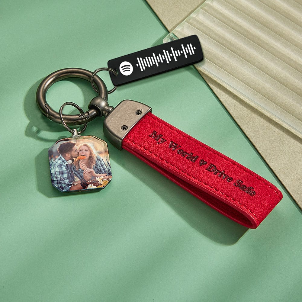 Drive Safe Personalized Engraved Leather Crystal Photo Spotify KeyChain - Giftlab