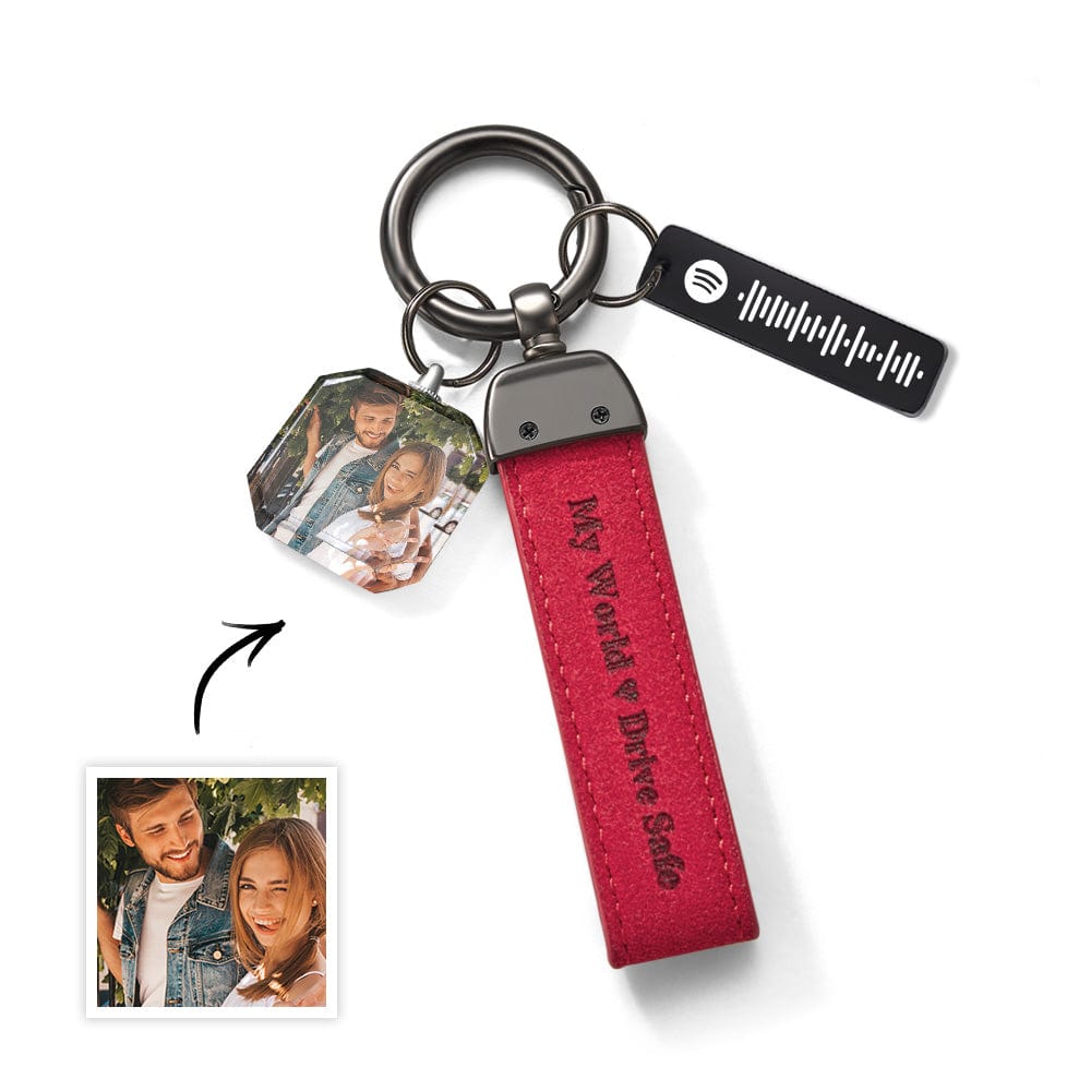 Drive Safe Personalized Engraved Leather Crystal Photo Spotify KeyChain - Giftlab