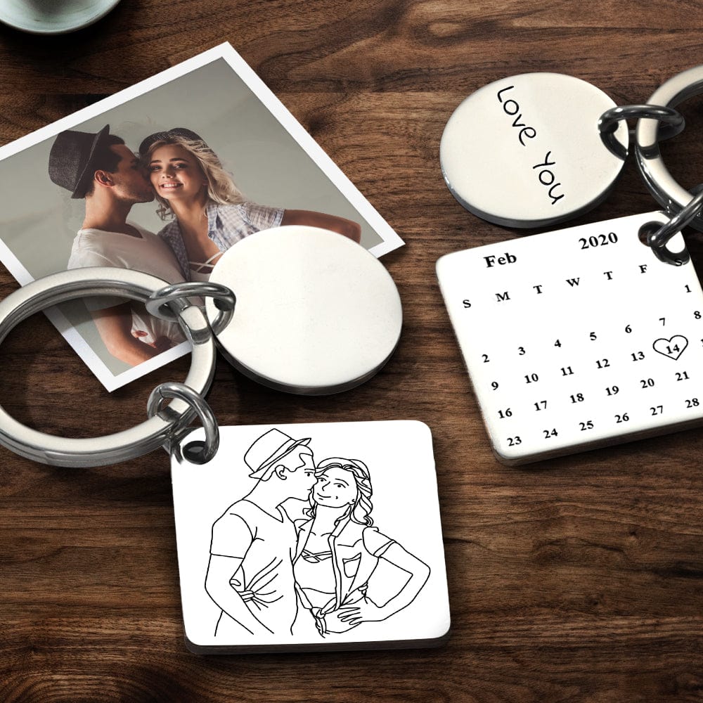 Custom Anniversary Keychain Line Drawing Keychain Custom Date and Photo Valentine's Day Gift - Giftlab