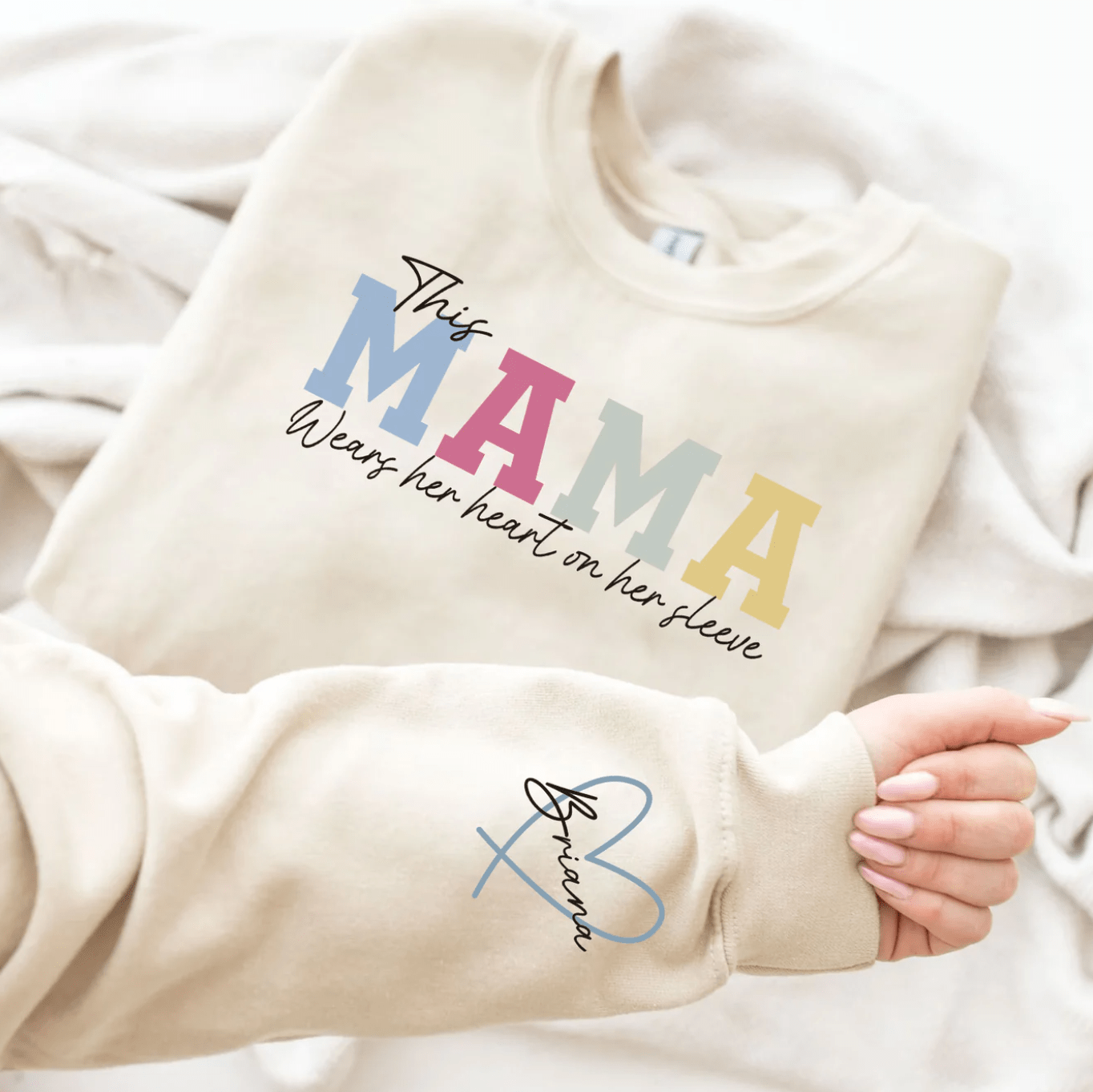 Wear Your Heart on Your Sleeve Personalized Mama Sweatshirt with Kids Names for Mom and Grandma Gift - Giftlab