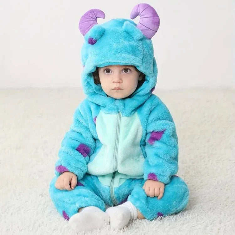 Baby Hooded Onesie, Fluffy Fleece Cartoon Monster Jumpsuit, Warm Newborn Cosplay Outfit for Toddler
