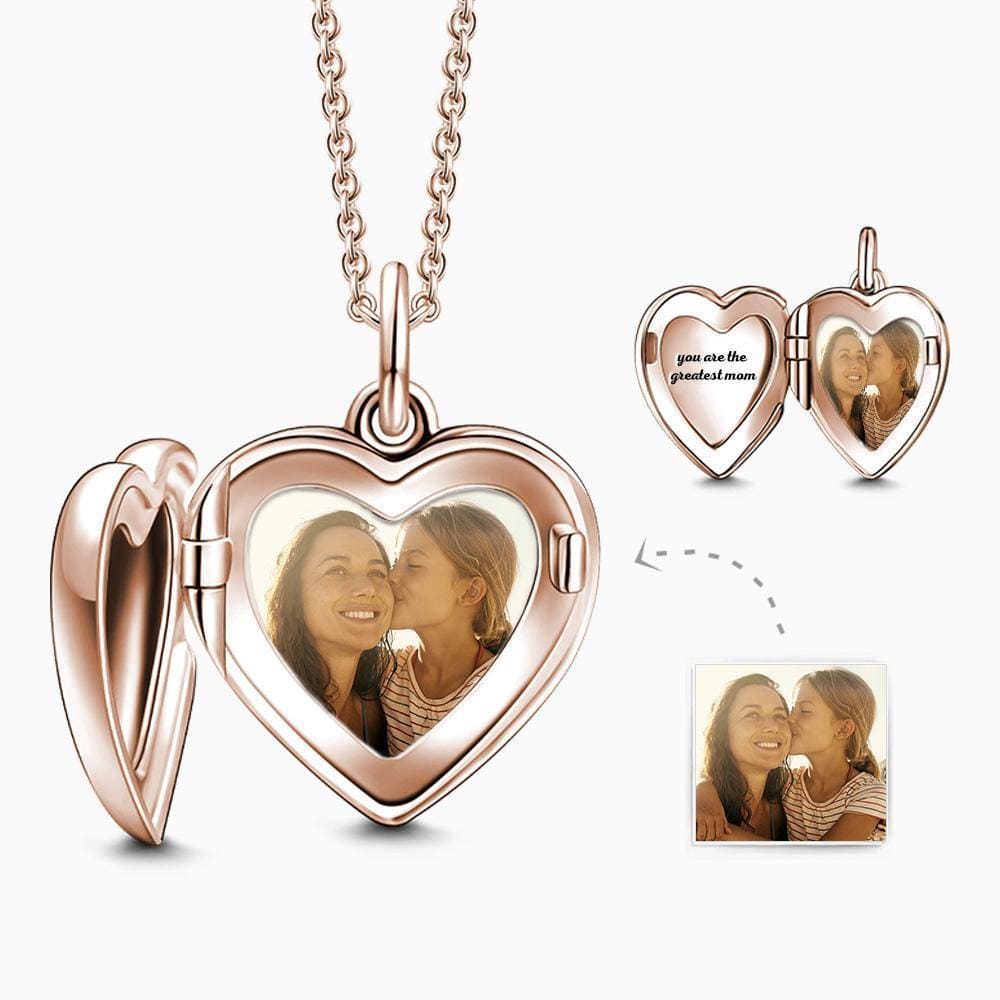 Engraved Heart Photo Locket Necklace Gifts for Her Rose Gold Plated - Giftlab