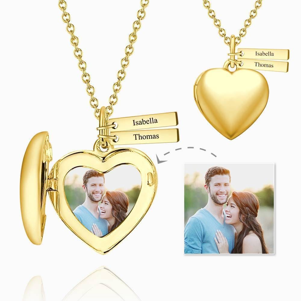 Heart Photo Locket Necklace With Engraving Name 14k Gold Plated - Giftlab