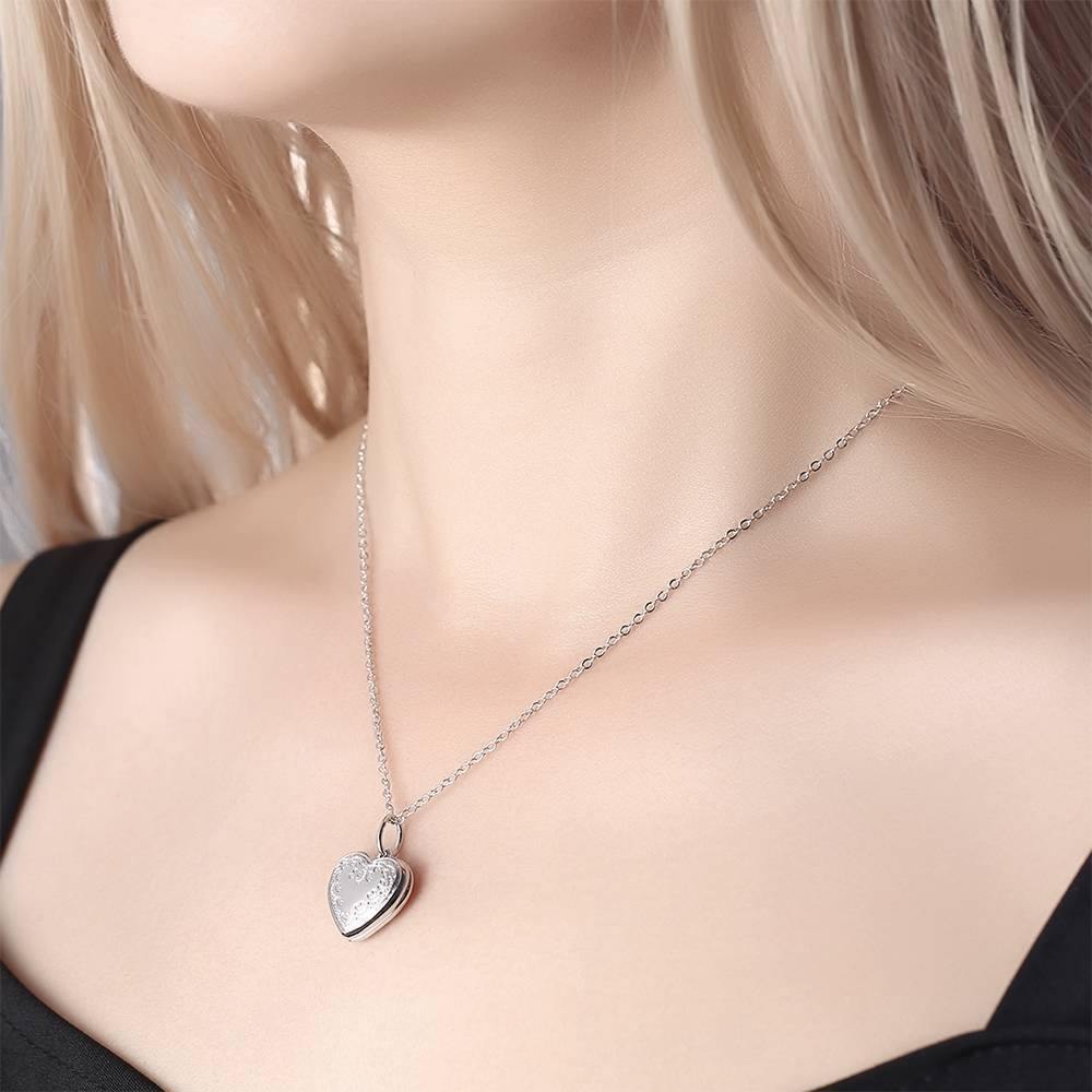 Heart Locket Photo Necklace with Engraving Name Embossed Printing Platinum Plated - Giftlab