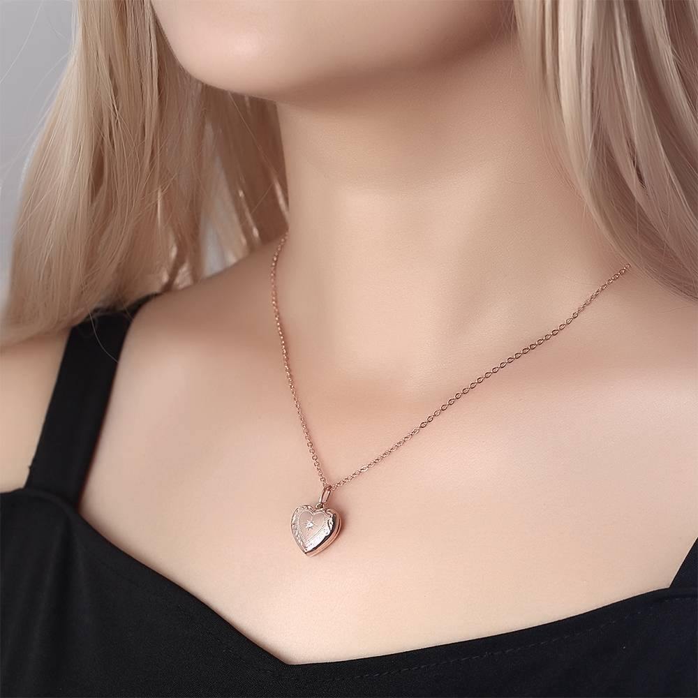 Custom Heart Locket Photo Necklace Embossed Printing Rose Gold Plated - Giftlab