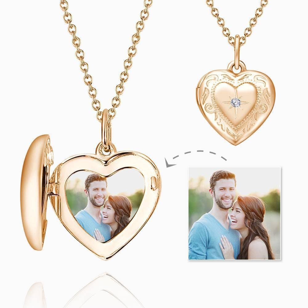 Custom Heart Locket Photo Necklace Embossed Printing Rose Gold Plated - Giftlab
