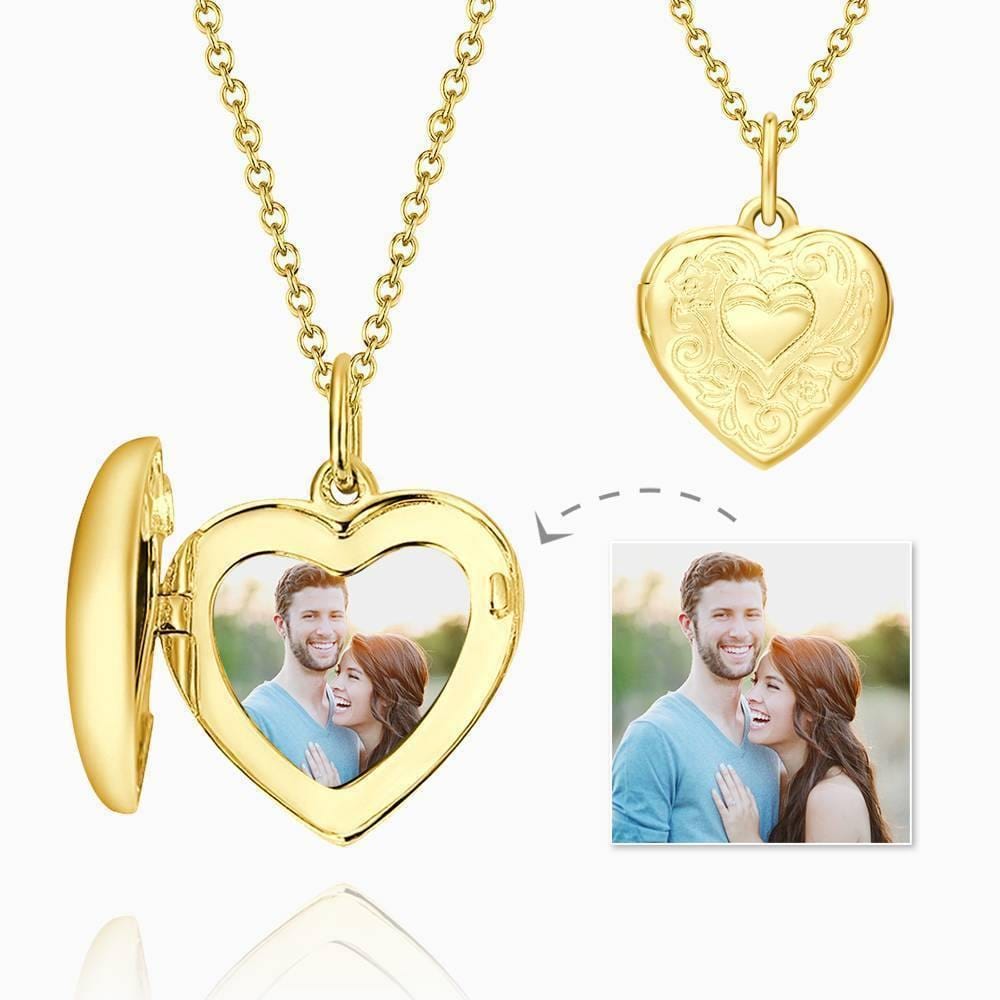 Heart Photo Locket Necklace With Name Embossed Printing 14k Gold Plated - Giftlab