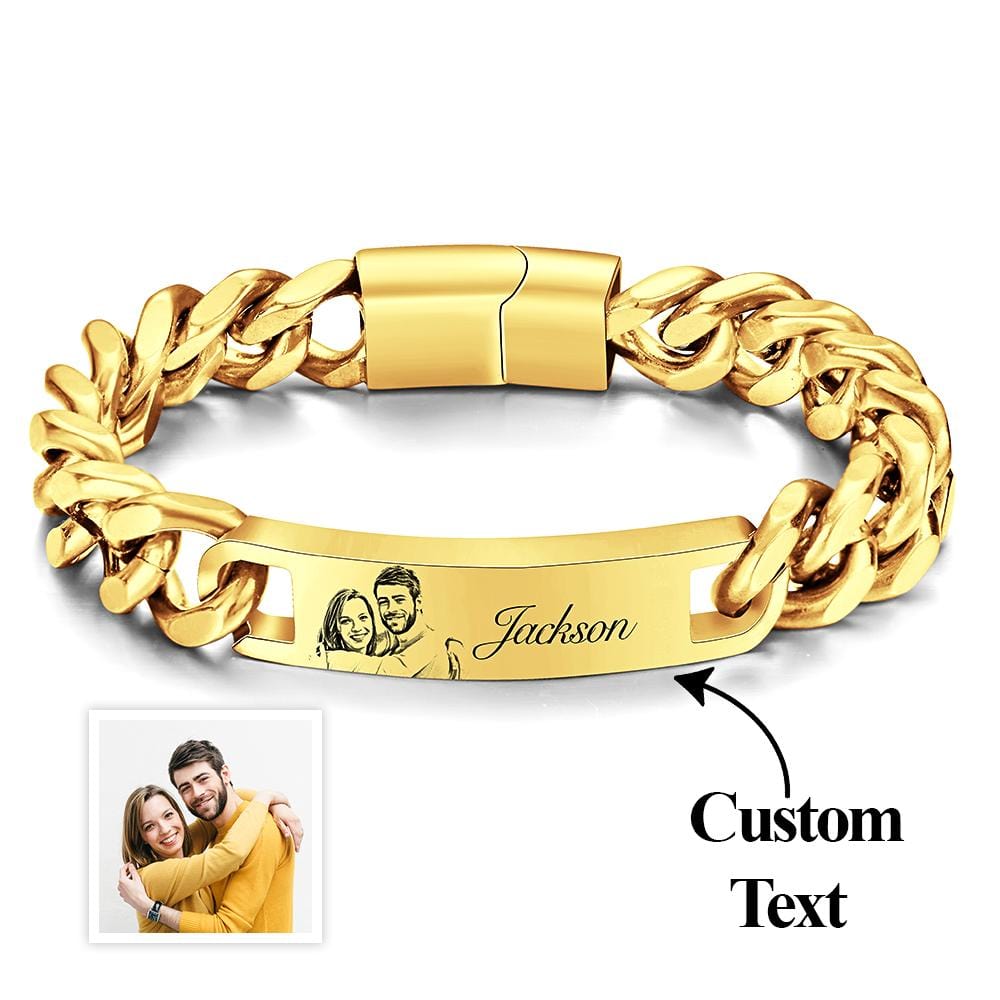 Custom Engraved Men's Bracelet Stainless Steel Photo Vintage Bracelet Jewelry Father's Day Gifts-Gold - Giftlab