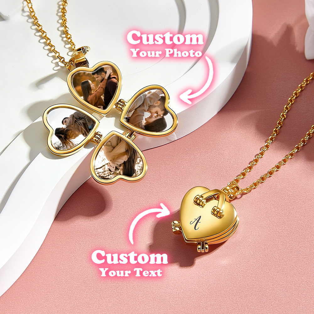 Custom Heart Locket Necklace with 4 Photos, Initial Folding Four Leaf Clover Design, Personalized Love Gift for Her