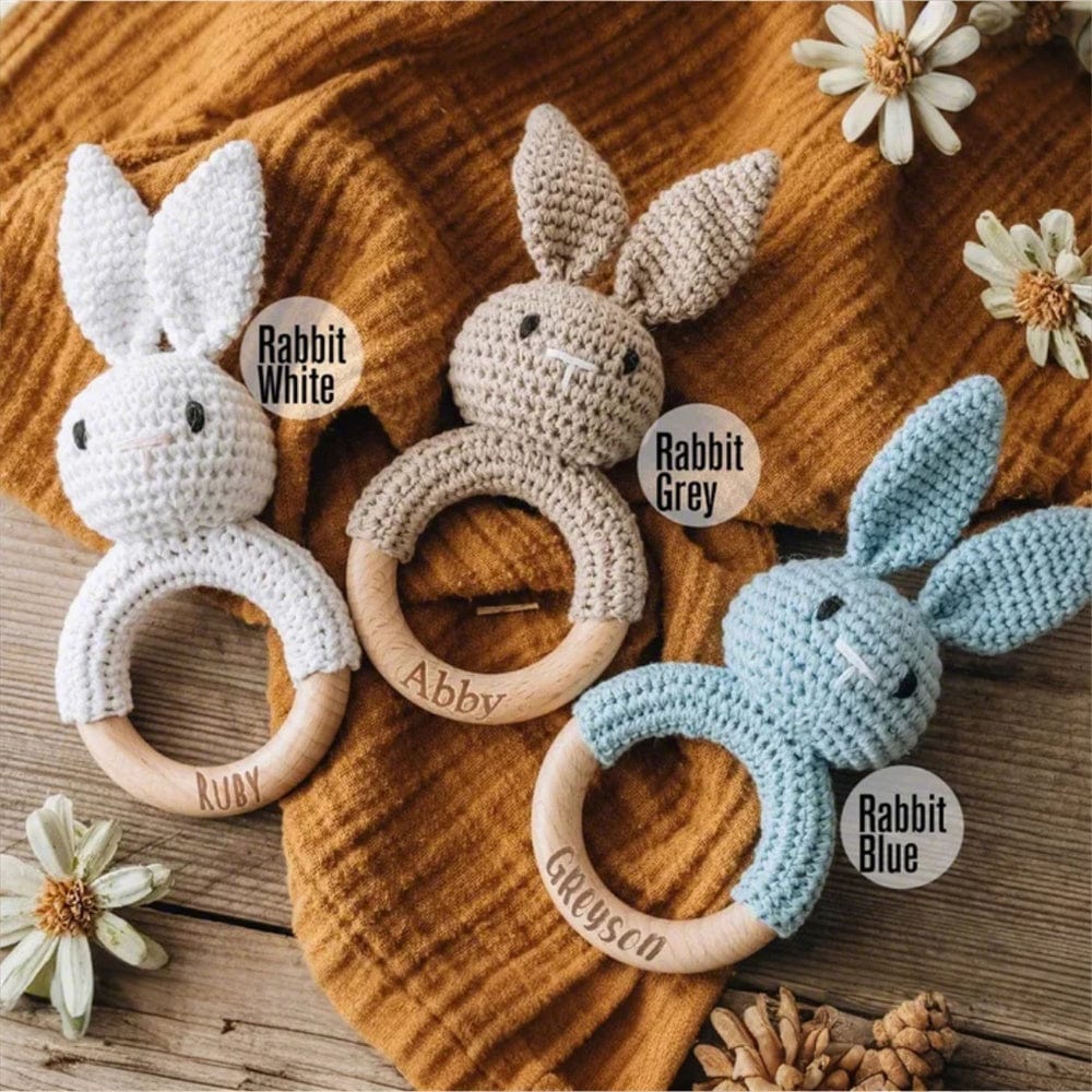 Personalized Animal Baby Rattle Baby Shower Gifts Custom Wooden Baby Rattle Crochet Rattle Toy Newborn Gifts Gift for Nephew Niece - Giftlab