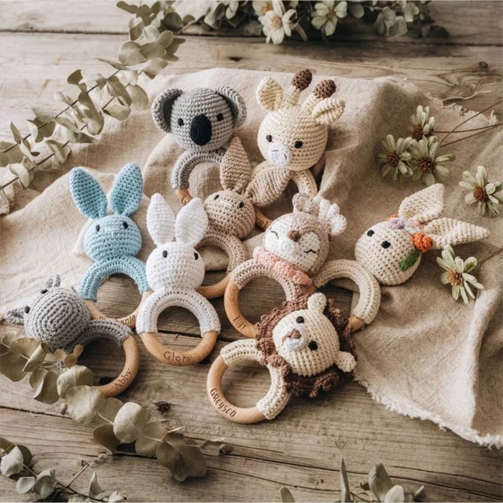 Personalized Animal Baby Rattle Baby Shower Gifts Custom Wooden Baby Rattle Crochet Rattle Toy Newborn Gifts Gift for Nephew Niece - Giftlab