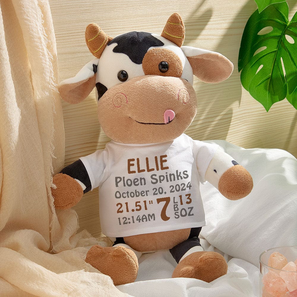 Personalized Cow Plush Stuffed Toy Birth Announcement Gift for Baby Shower - Giftlab