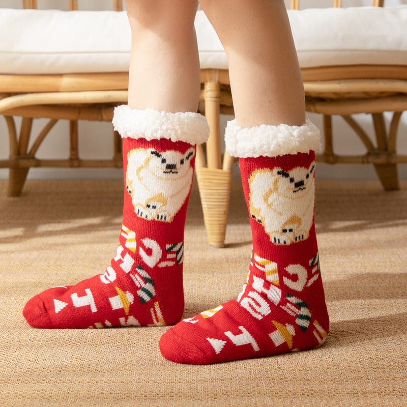 Christmas Socks Plush Coral Fleece Winter Home Floor Socks Red Slipper Socks - Polar Bear - Giftlab