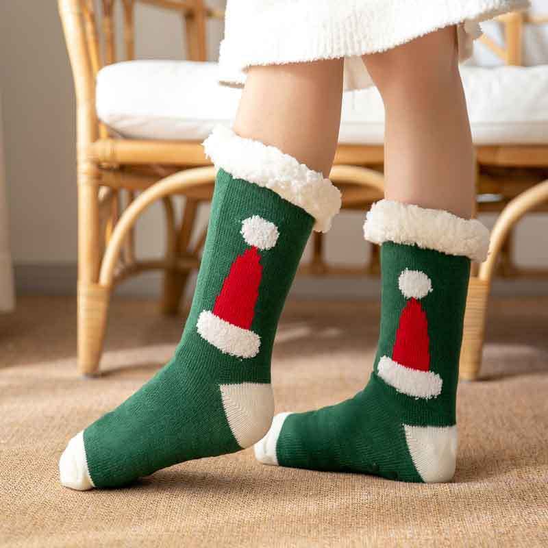 Christmas Socks Plush Coral Fleece Winter Home Floor Socks Green Slipper Socks - Santa Hat - Giftlab