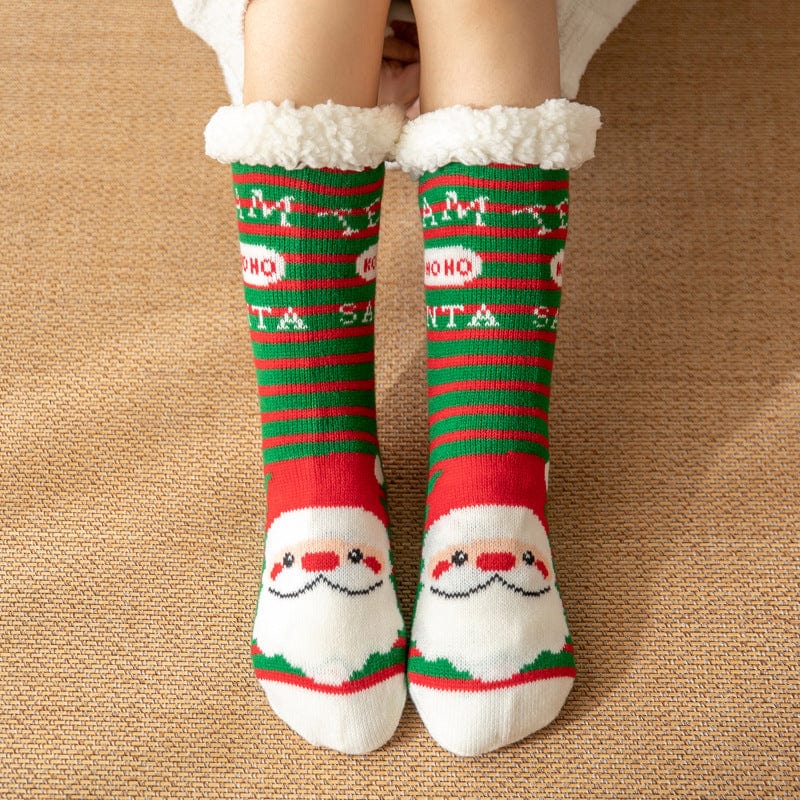 Christmas Socks Plush Coral Fleece Winter Home Floor Socks Green Striped Slipper Socks - Santa Claus - Giftlab