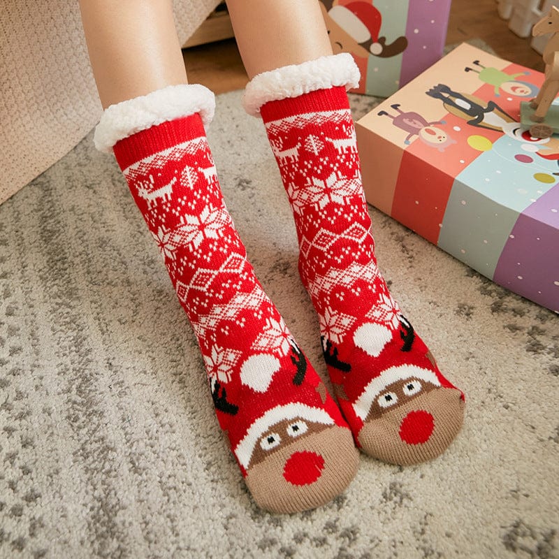 Christmas Socks Plush Coral Fleece Winter Home Floor Socks Red Slipper Socks - Hat Elk - Giftlab