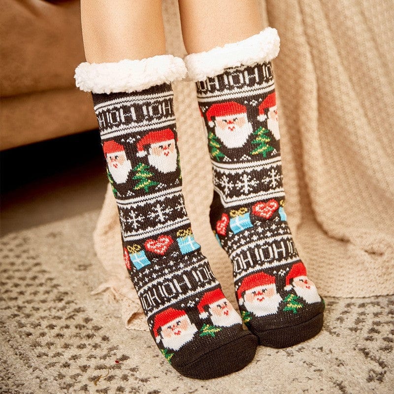 Christmas Socks Plush Coral Fleece Winter Home Floor Socks Black Slipper Socks - Santa Claus - Giftlab
