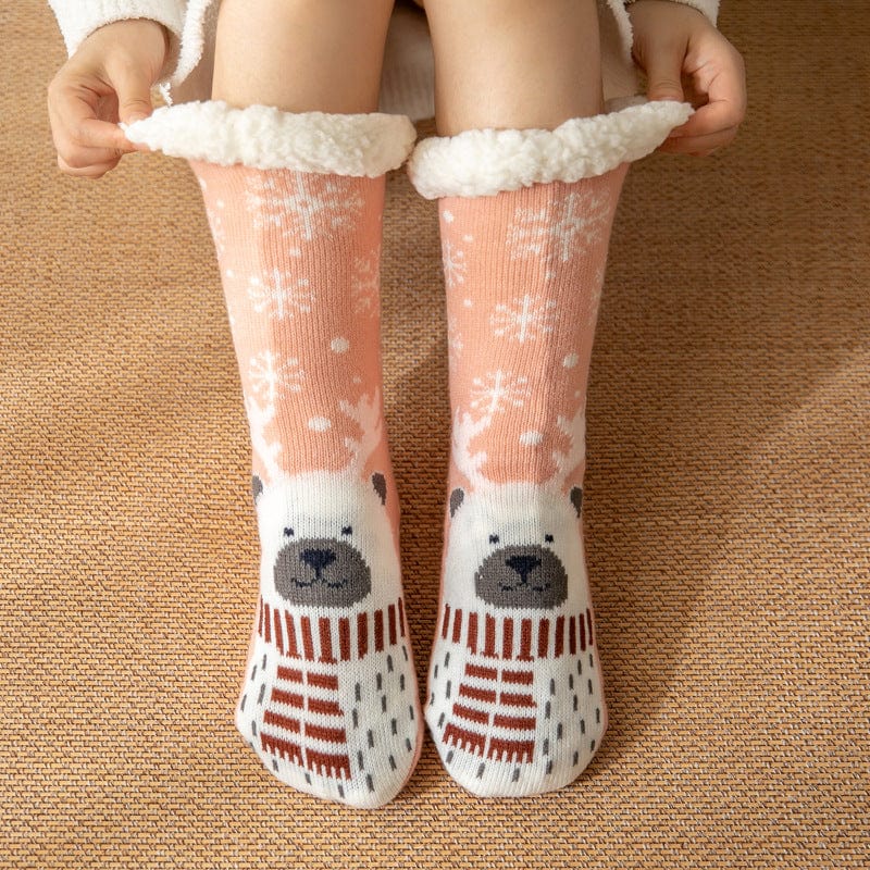 Christmas Socks Plush Coral Fleece Winter Home Floor Socks Light Pink Slipper Socks - Snow Bear - Giftlab