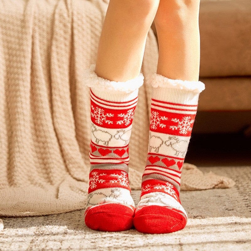 Christmas Socks Plush Coral Fleece Winter Home Floor Socks Red Slipper Socks - Snowflake Sheep - Giftlab