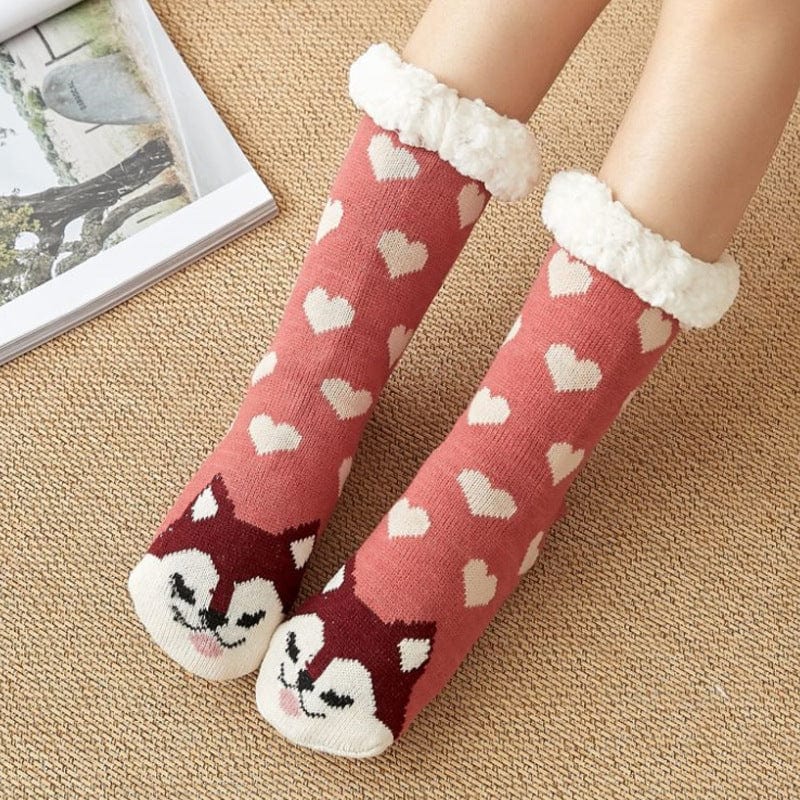 Christmas Socks Plush Coral Fleece Winter Home Floor Socks Pink Slipper Socks - Loving Puppy - Giftlab