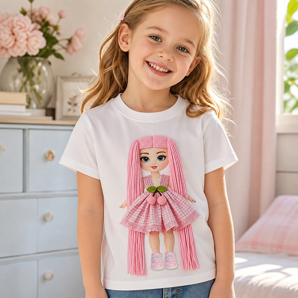 Pastable Dress-Up Doll T-Shirt for Girls  – Pick 1 Set of Interchangeable Hairstyles, Outfits, and Shoes