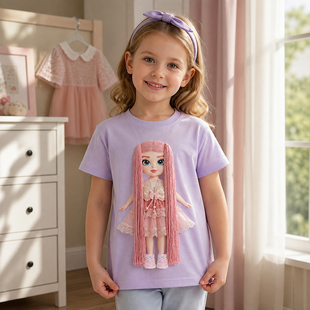 Pastable Dress-Up Doll T-Shirt for Girls  – Pick 1 Set of Interchangeable Hairstyles, Outfits, and Shoes