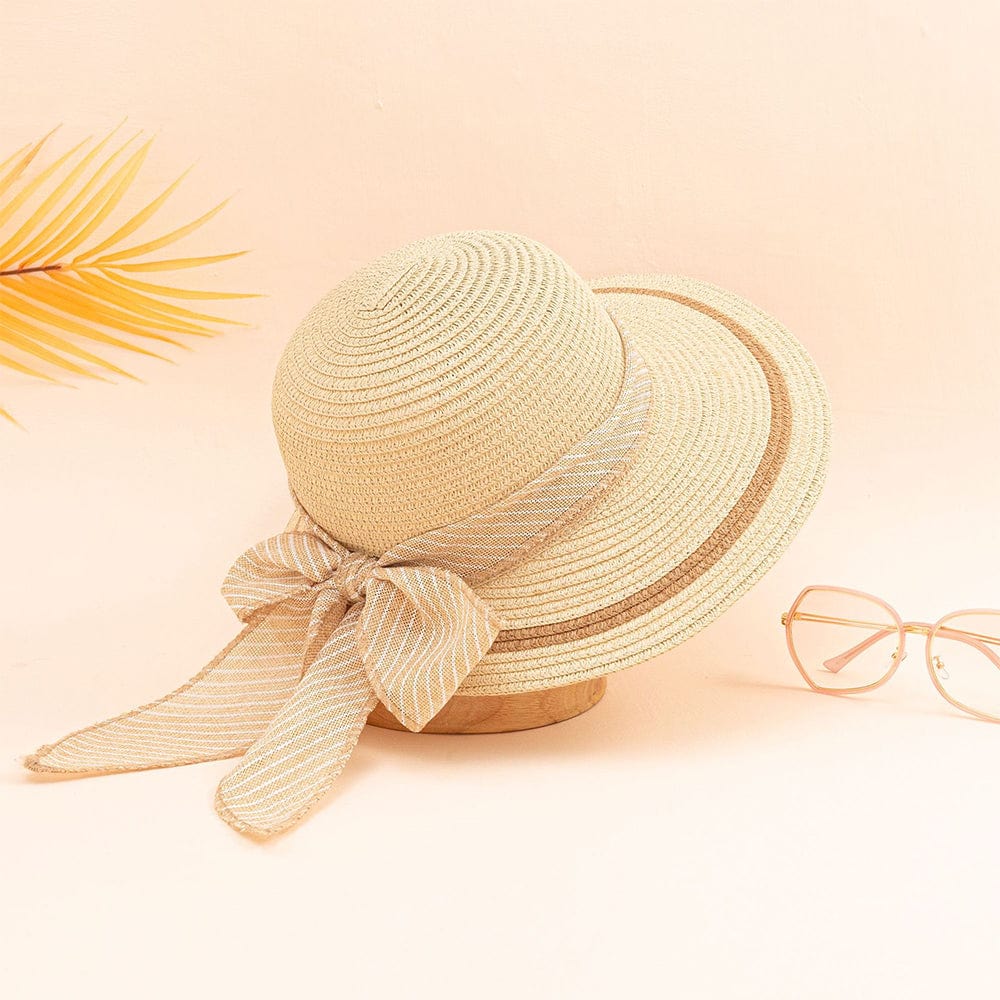 Women Straw Hat Beach Hats Striped Bow Knot Decor Sun Hat - Giftlab