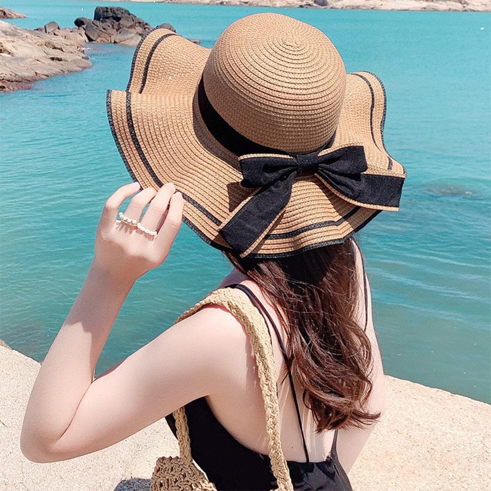 Women Sun Protection Straw Hat Beach Wide Brim Bow-Knot Big Floppy Sun Hat - Giftlab