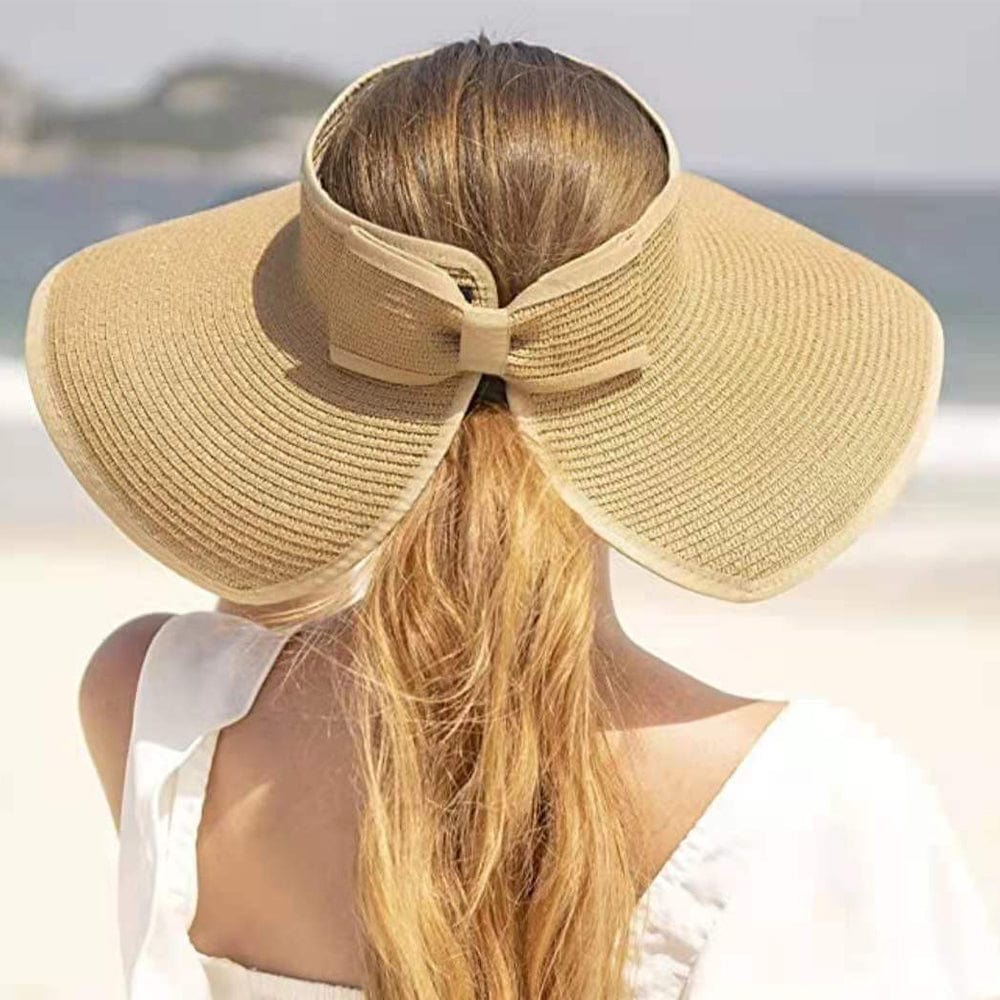 Women Sun Protection Empty Top Straw Hat Beach Wide Brim Bow-Knot Big Floppy Folding Sun Hat - Giftlab