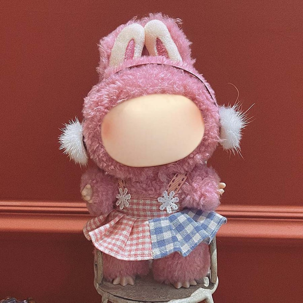 17cm Labu Doll Clothes Pink Plaid Strappy Dress Style Outfit Fits Gen 1/2/3 (Doll Not Included)