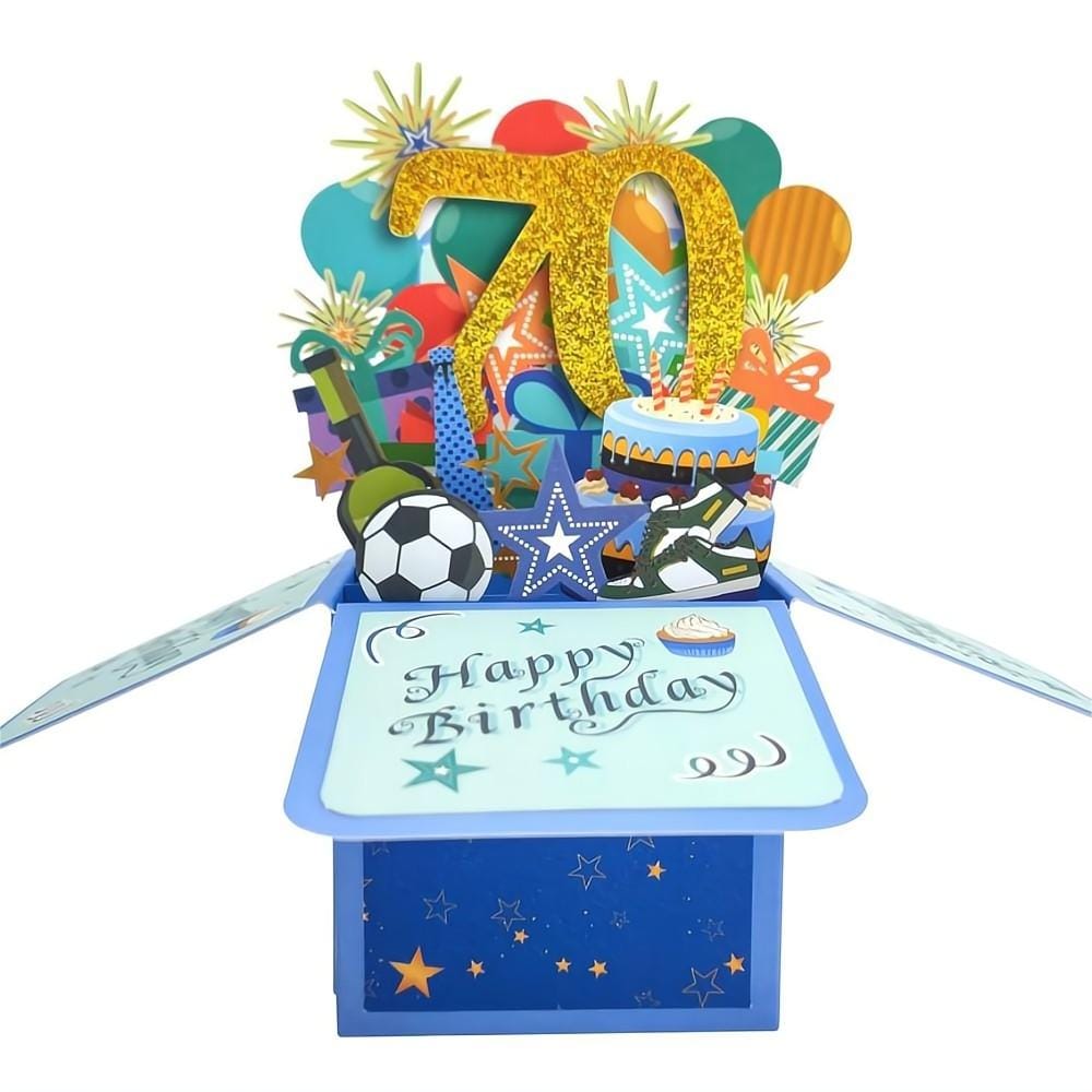 Blue Birthday Pop Up Box Card 70th Birthday 3D Pop Up Greeting Card - Giftlab