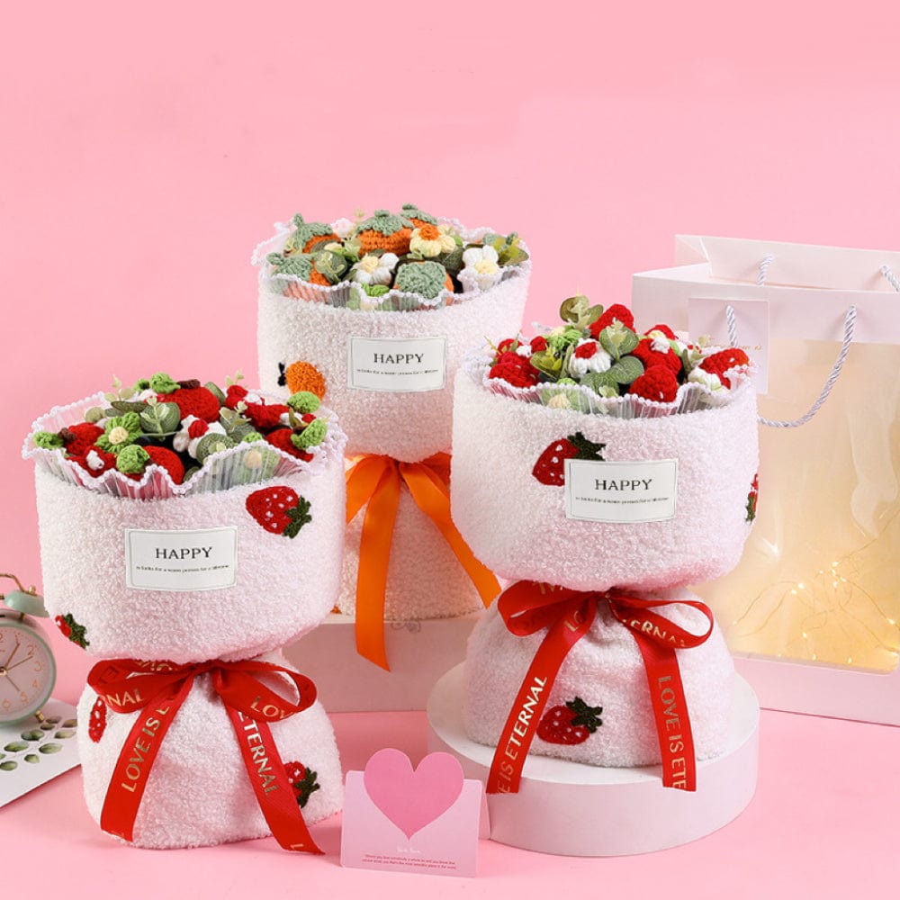 Crochet Flowers Bouquet Handmade Knitted Strawberry Bouquet with Light Strip Gift for Lovers - Giftlab