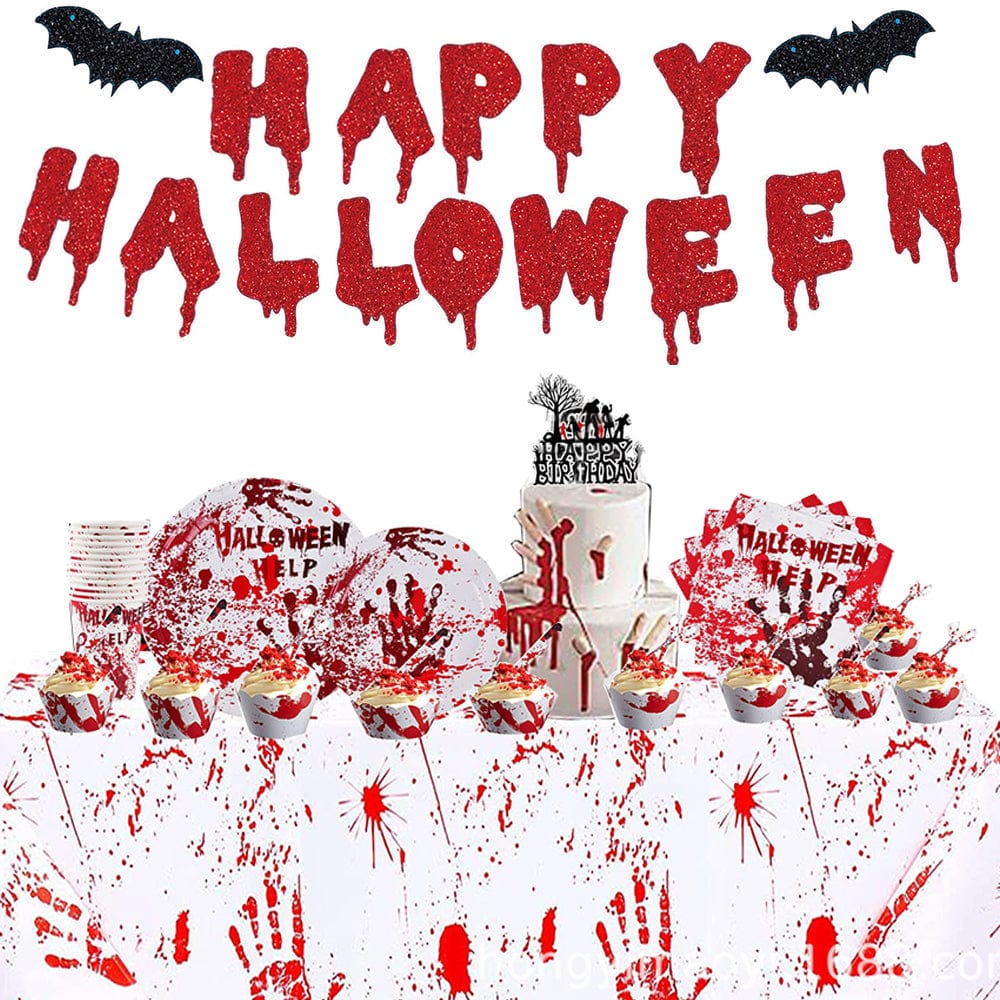 Halloween Bloody Handprints Disposable Tableware Kits Party Decorations Supplies 98pcs - Giftlab